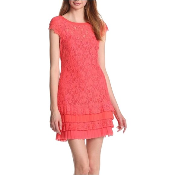 Jessica Simpson Women's Size 4 Tiered Hem Lace Dress Hot Coral Excellent VERY ge - Picture 1 of 6
